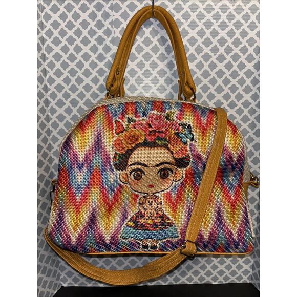 Frida Khalo Caricature Knit Mexican Purse Woven Mustard Yellow Crossbody Tote EU - Picture 1 of 9